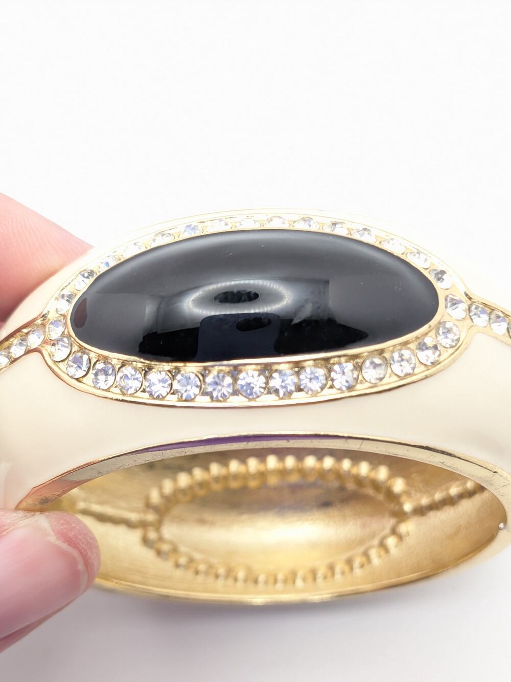 Gold Tone Cream Black Oval Enamel Rhinestone Hinged Bangle Bracelet Statement 7